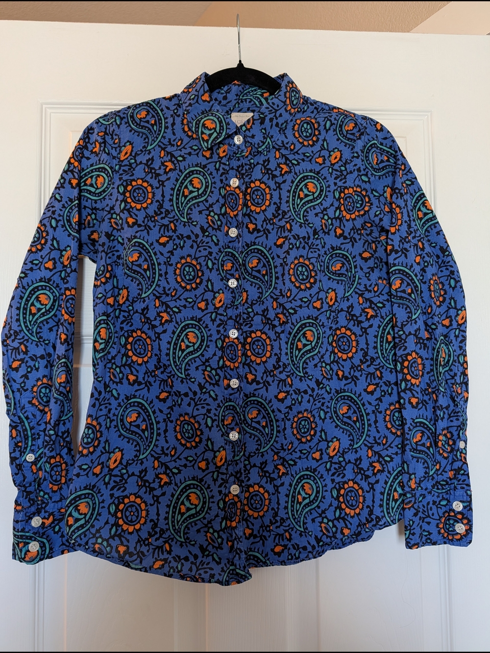J. Crew Blue Paisley Button-Down Shirt with Orange Green Accents XS Boho Floral
